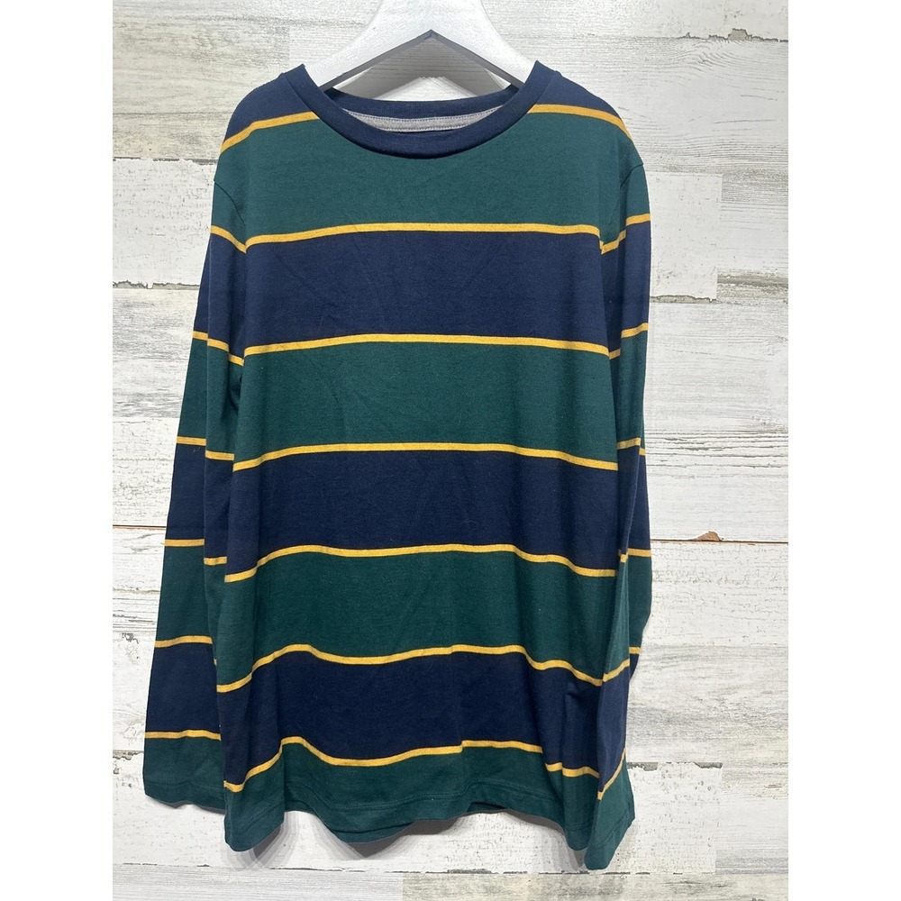Old Navy Long Sleeve Shirt Boys 10/12 Green Navy Yellow Striped EUC